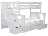 Bedz King Stairway Bunk Beds Twin over Full with 4 Drawers in the Steps and 2 Under Bed Drawers, White Bedz King