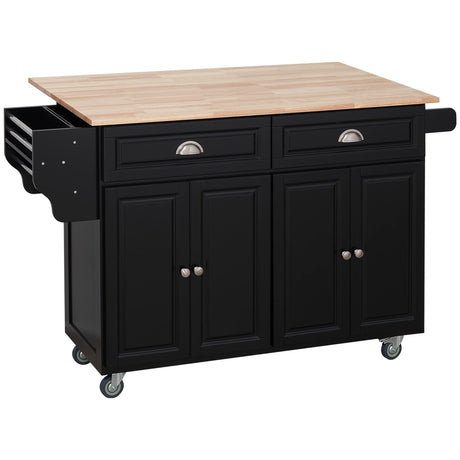 HOMCOM Rolling Kitchen Island Drop Leaf, Kitchen Cart on Wheels, Solid Wood Top Breakfast Nook with Storage Drawers, 4-Door Cabinets and Spice Rack, Black HOMCOM