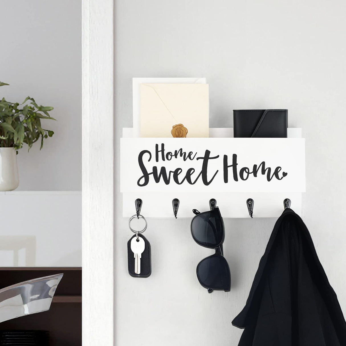 FIPUTE Mail and Key Holder for Wall, Decorative Entryway Organizer Shelf with Hooks for Dog Leash, Sunglasses, Purses, Coats – 100% Solid Wood Key Hanger 11.8” x 5.9” x 3.2” FIPUTE