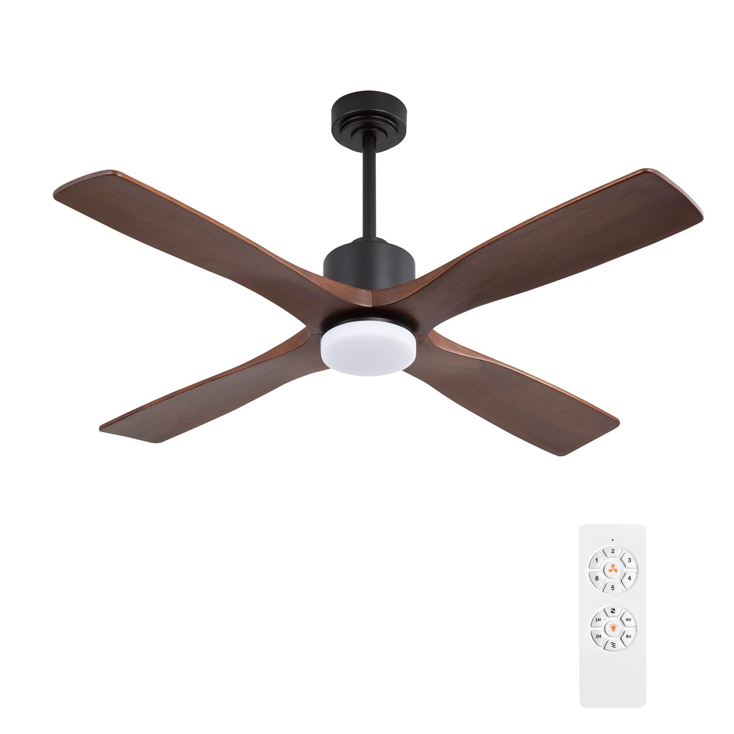 WINGBO 48 Inch DC Ceiling Fan with Lights and Remote Control, 4 Carved Solid Wood Blades, 6-Speed Noiseless Reversible DC Motor, Modern Ceiling Fan in Black Finish with Walnut Blades, ETL Listed