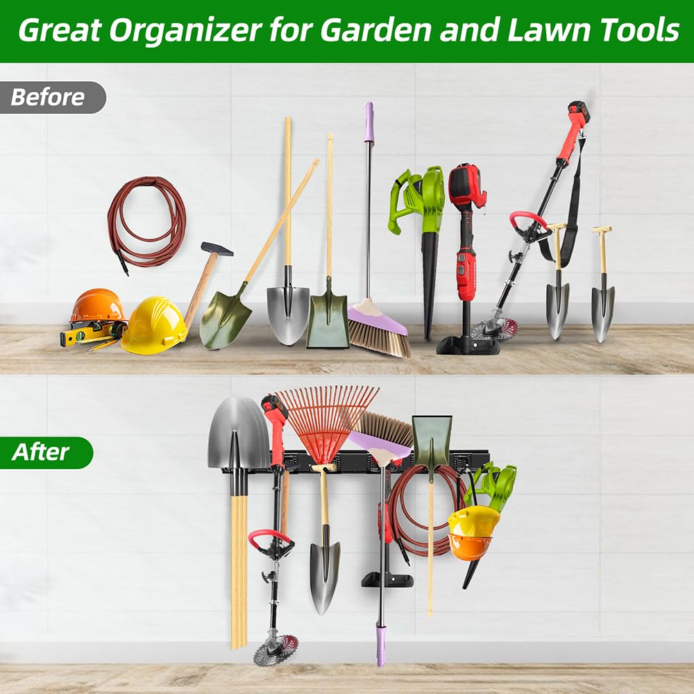 PIYILO Garage Organization, Garage Wall Organizer with 48 inches Rails and 6 Hooks, Tool Organizers Heavy Duty, Shovel Holder Wall Mount Max Load 360 LBS, Sturdy Garden Tool Rack for Folding Chairs PIYILO