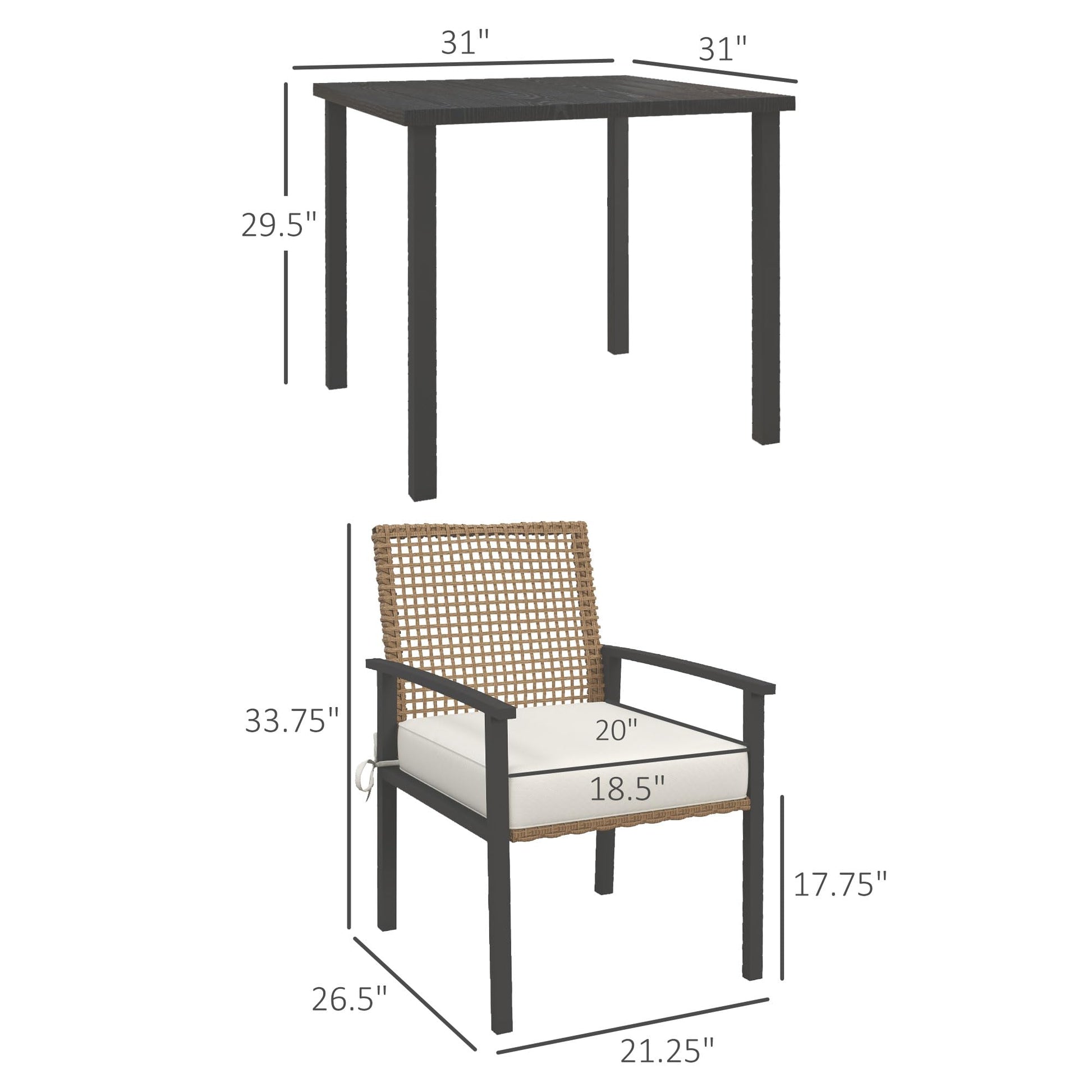 Outsunny 5 Pieces Outdoor Dining Set for 4, Wicker Rattan Patio Furniture Set, Patio Table and Chairs Set with Cushions, Square Metal Table Top, Conversation Set for Garden, Backyard, Deck, B - WoodArtSupply