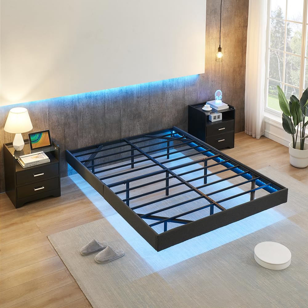 ELETHEBIA Modern Floating Full Bed Frame with LED Lights – Upholstered Platform, No Box Spring Required, Easy Assembly in Gray - WoodArtSupply