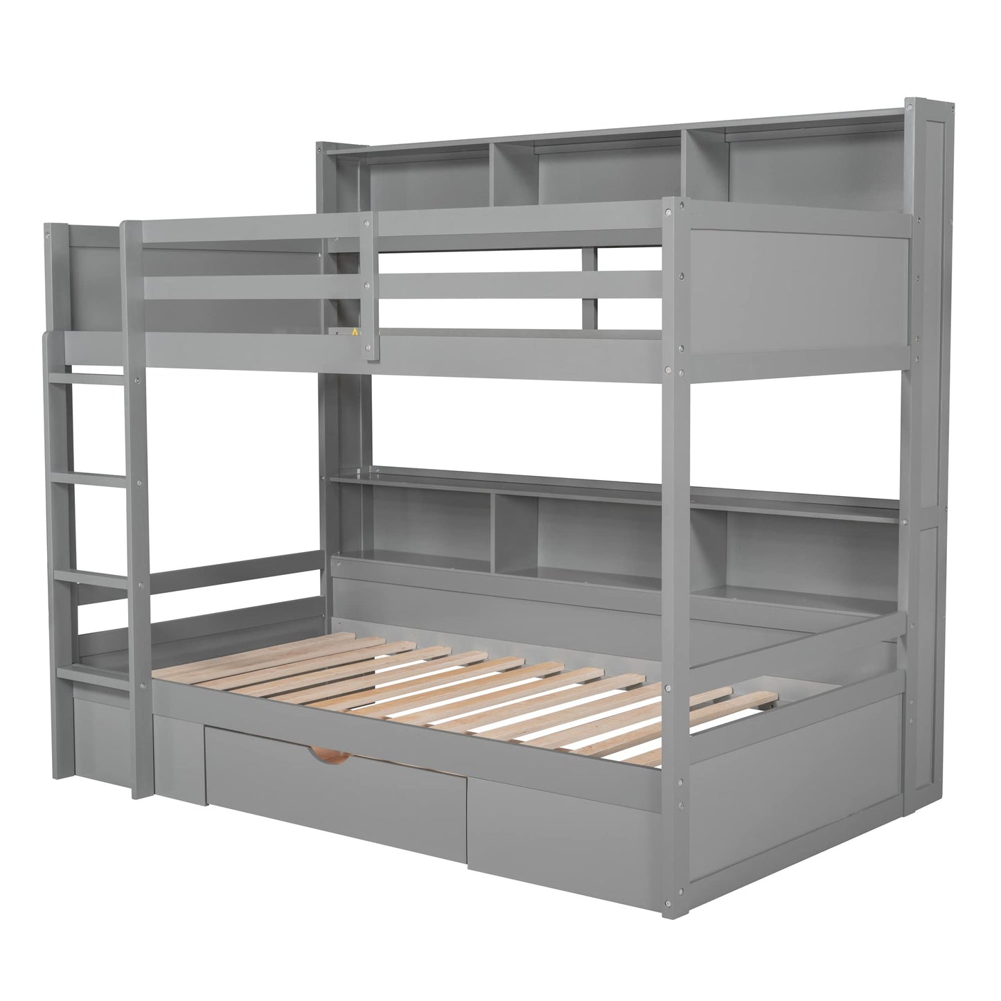 Harper & Bright Designs Twin Over Twin Bunk Bed with Storage and Shelves in Grey - WoodArtSupply