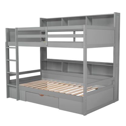 Harper & Bright Designs Twin Over Twin Bunk Bed with Storage Drawer, Solid Wood Bunk Bed with Built-in Shelves Beside Both Upper and Down Bed, for Kids Teens Adults (Gray)