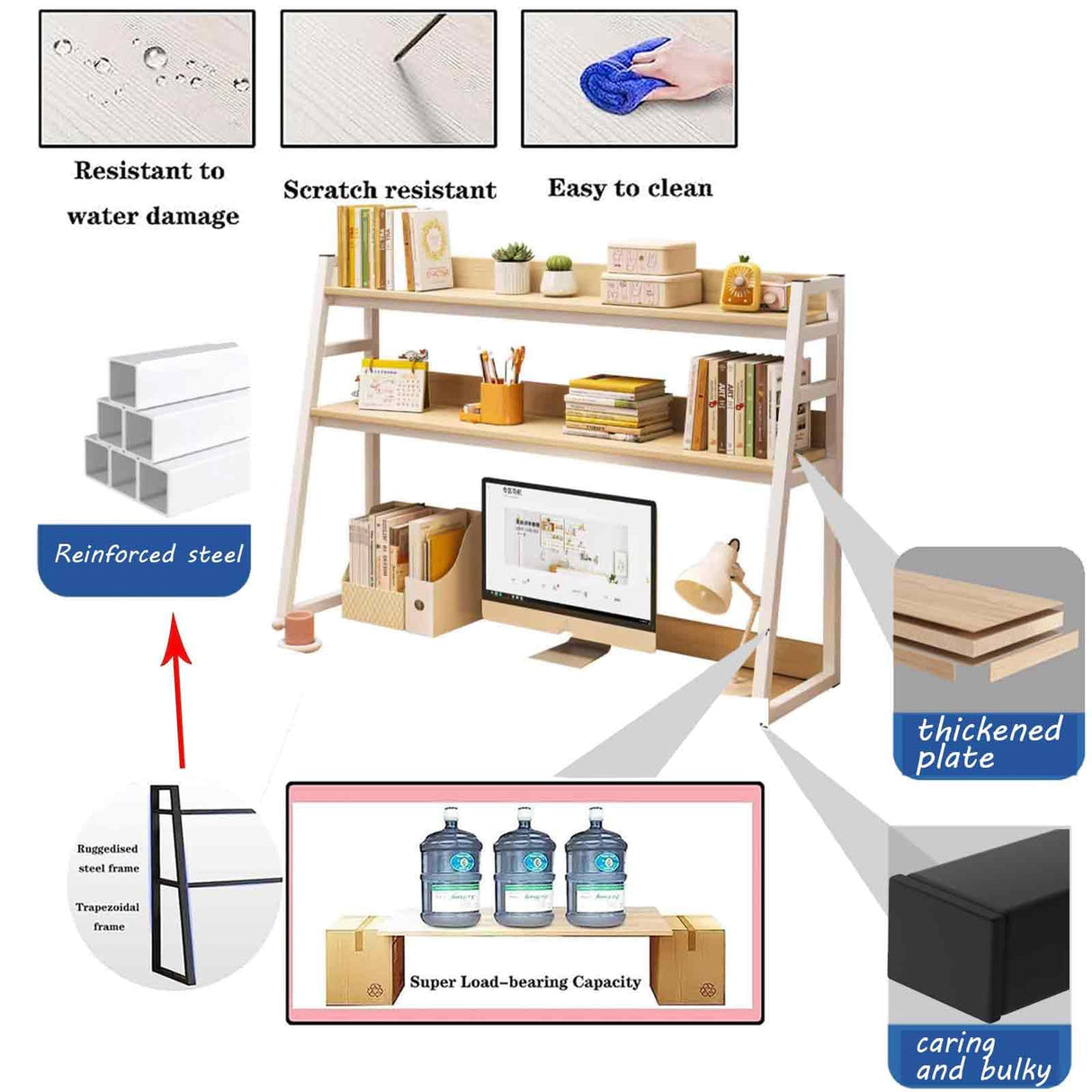 JXCAA Ladder Bookcase for Computer Desk, 2-Tier, 3-Tier, Dorm Room Desk Hutch, Desktop Bookshelf Organizer, Steel Frame, with Installation Tools, Dark Walnut, H 65/90 Cm JXCAA