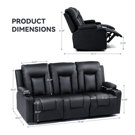 COMHOMA Living Room Furniture Set, Bonded Leather Sofa with Cup Holder Recliner Chair, 3, Black COMHOMA