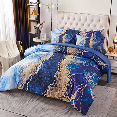 PERFEMET Watercolor Marble Pattern Comforter Sets Blue Tie Dye Bedding Set King Size 3D Printing Bed-in-A-Bag, Stylish Retro Artwork Quilt Set Durable Soft Bed Collections 6 Pieces(Blue,King Size)