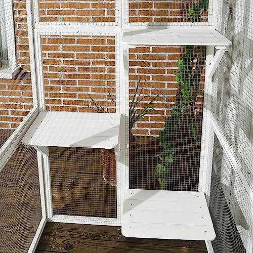 PawHut Outdoor Cat House Big Catio Wooden Feral Cat Shelter Enclosure with Large Spacious Interior, 6 High Ledges, Weather Protection Asphalt Roof, 71" L, White PawHut