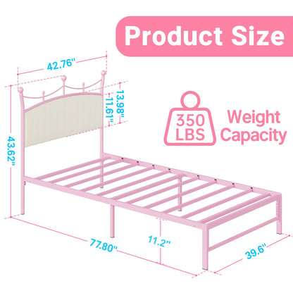 Weehom Twin Upholstered Bed Frame with Headboard, Velvet Bed Frame Metal Platform No Box Spring Needed Easy Assembly Twin Bed for Kids Adults Pink