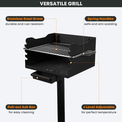 Stanbroil Outdoor Charcoal Barbecue Grill, Heavy Duty Steel Park Style Charcoal Grill with Stainless Steel Cooking Grate and Above/In Ground Base Post for Camping and Backyard