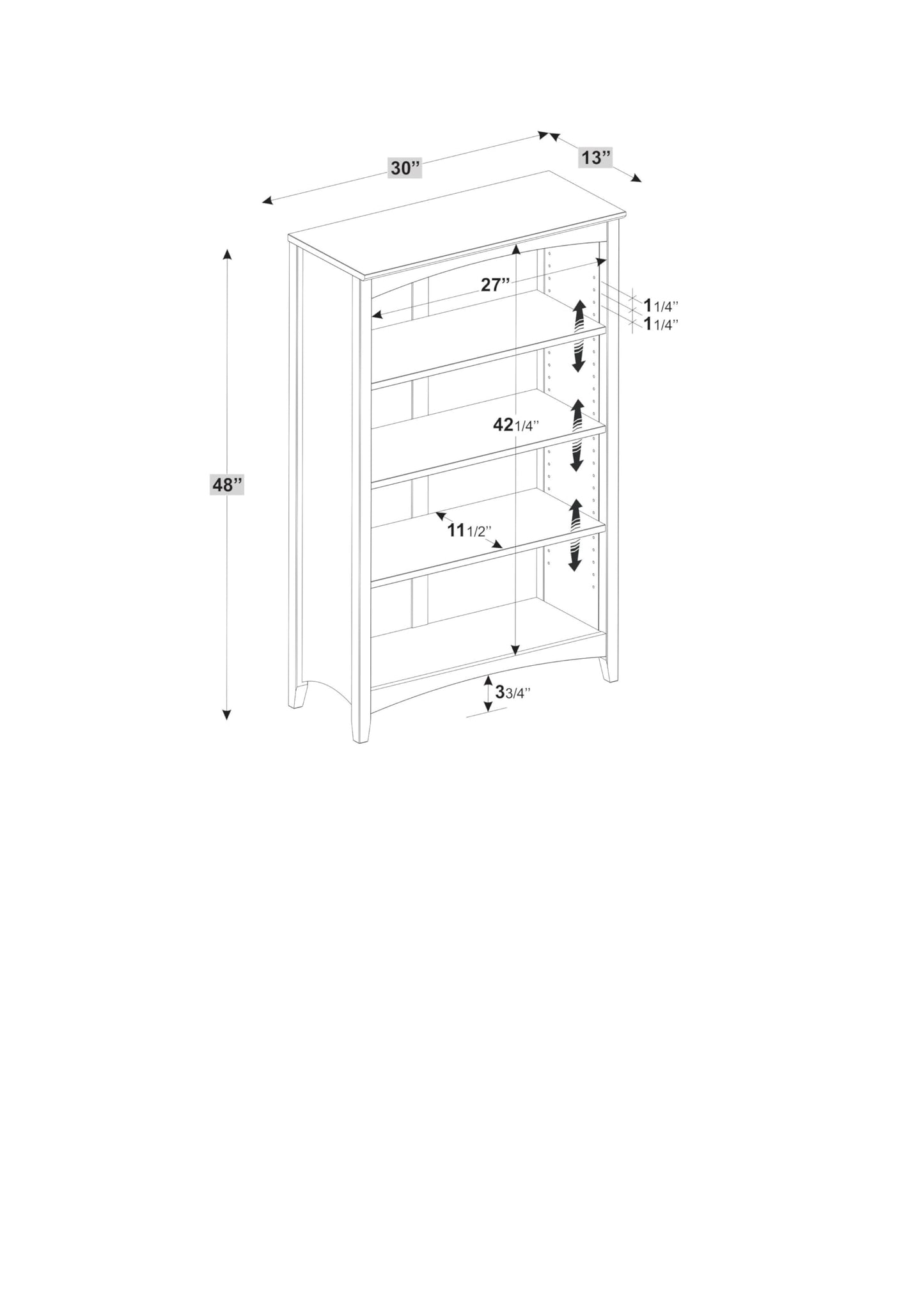 Camaflexi Shaker Style Solid Wood 4-Shelf Bookcase - 48 Inch High Adjustable Display Unit in White - WoodArtSupply