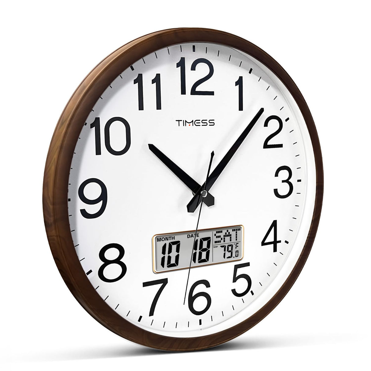 TIMESS Wall Clock, Classic Wood Style Finish, 11 Inch Non-Ticking Silent Battery Operated Quartz Analog with Perpetual Calendar and F° Temperature Display, Home, Office Décor (Wood Brown) TIMESS