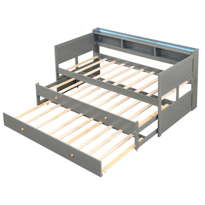 Giantex Grey Twin XL Daybed with Trundle, LED Light Strip, USB Ports & Storage Bookcase - WoodArtSupply