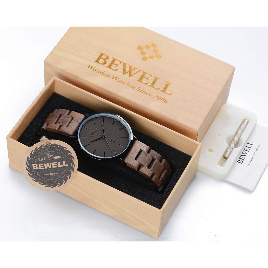 BEWELL Wooden Watches for Men Women Slim Analog Quartz Minimalist Couple Wrist Watch W163A (Mens-Black) BEWELL