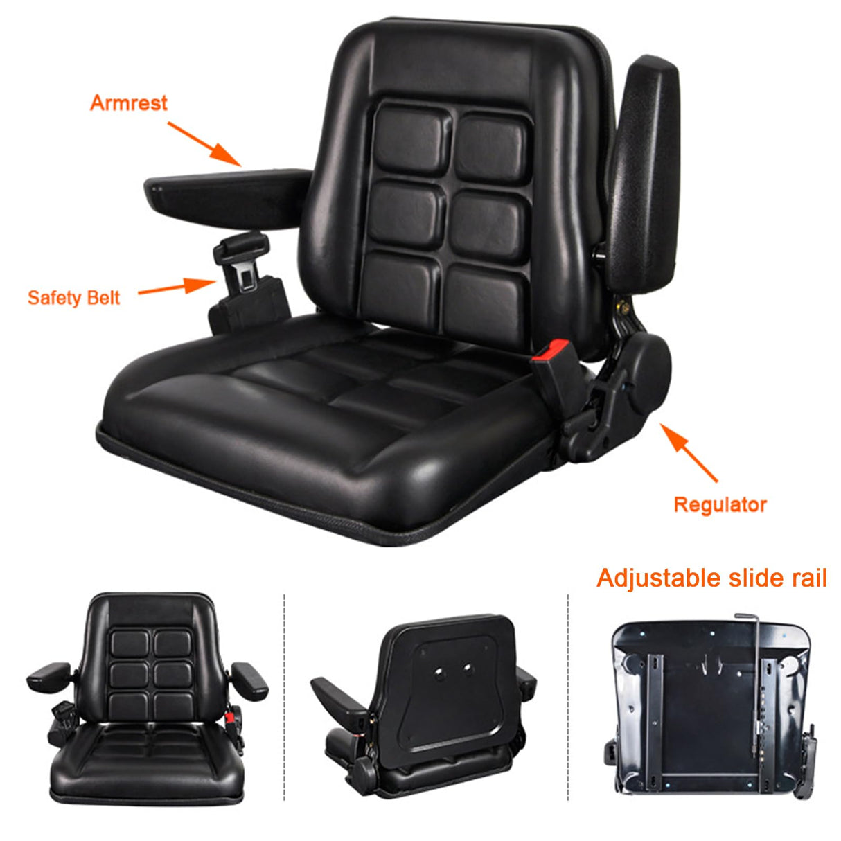 Universal Adjustable Forklift Seat with Safety Belt and Armrest, Adjustable Backrest and Slide Rail Waterproof PVC Mower Seat, for Tractor Excavator, Forklift, Skid Loader, Backhoe Dozer Telehandler COZLMHJ