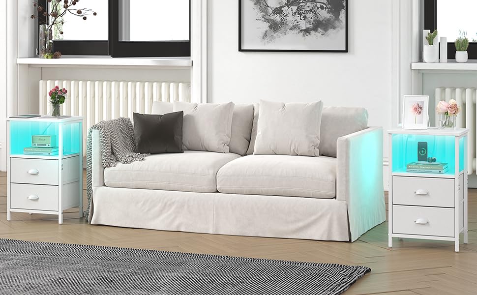 sthmec Nightstand with Charging Station, LED Night Stand Set 2, Bedside Table End Tables Set of 2, Bedroom Tables with 2 Fabric Drawers PU Finish, 3-Tier Storage Side Table for Bedroom,White sthmec