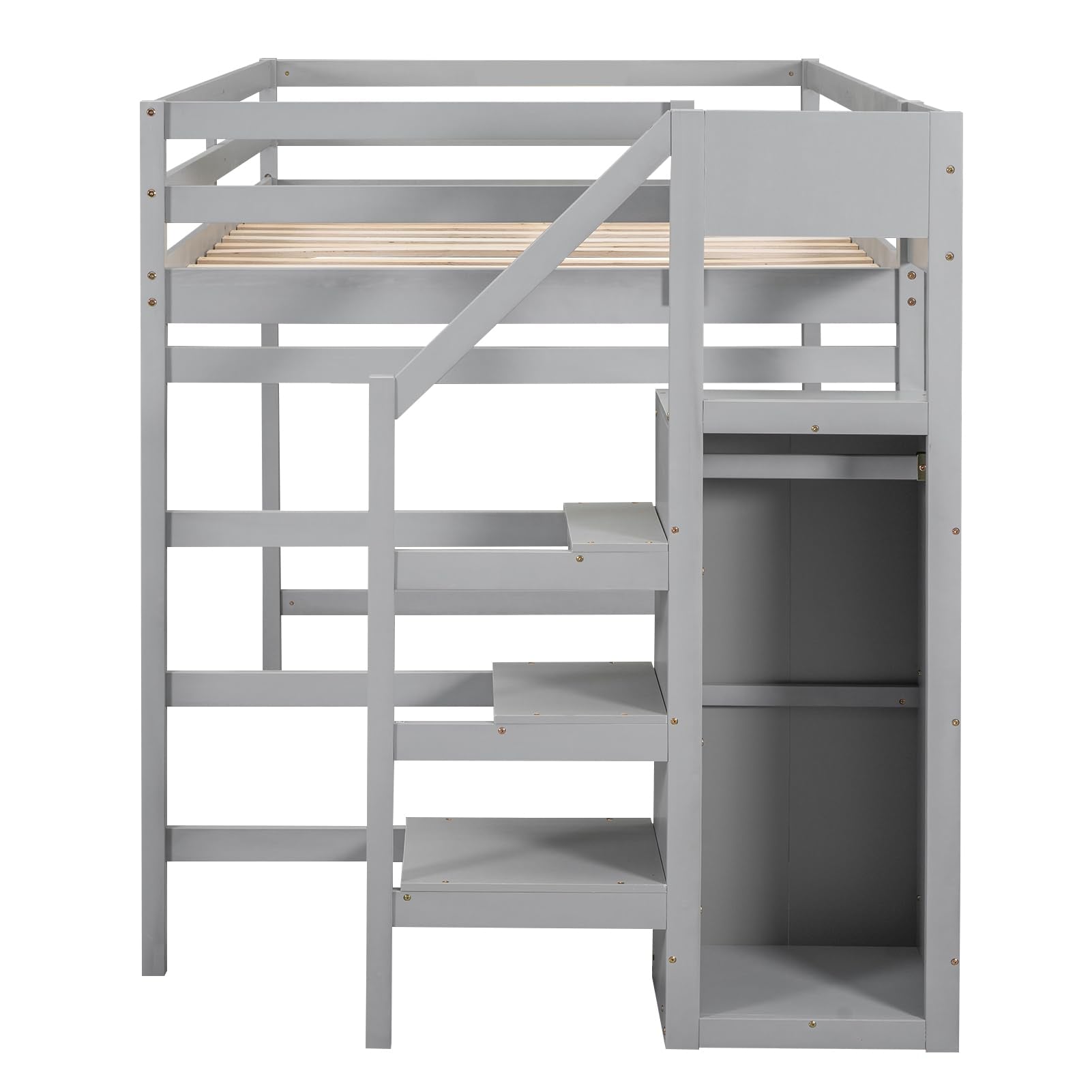 Harper & Bright Designs Grey Full Loft Bed with Storage Staircase and Wardrobe - WoodArtSupply