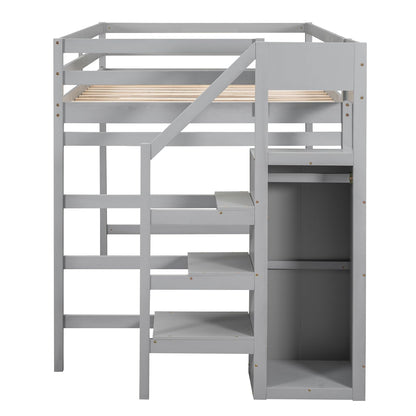 Harper & Bright Designs Grey Full Loft Bed with Staircase, Wardrobe, and Storage Shelf for Kids and Teens - WoodArtSupply