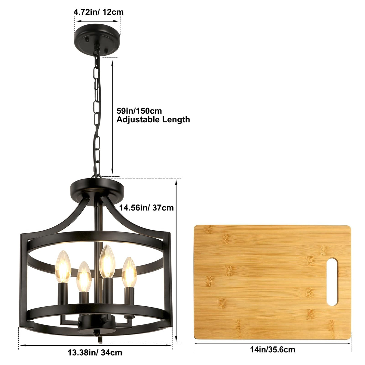 WBinDX 4-Light Farmhouse Chandelier, Modern Hanging Pendant Lighting, Convertible Semi Flush Mount Ceiling Light Fixture Rustic Vintage Black Chandeliers for Dining Room Kitchen Foyer Entryway WBinDX