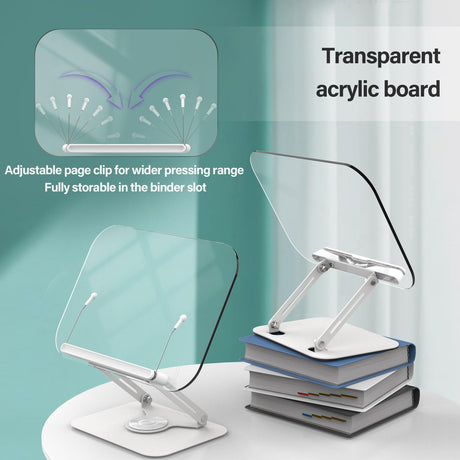 Acrylic Book Stand for Reading, Adjustable Book Holder with 360° Rotating Base & Elastic Page Clips, Foldable Desktop Riser Stand for Cookbook,Laptop,Tablet,Music Scores,Recipe,Textbook BYMECOST