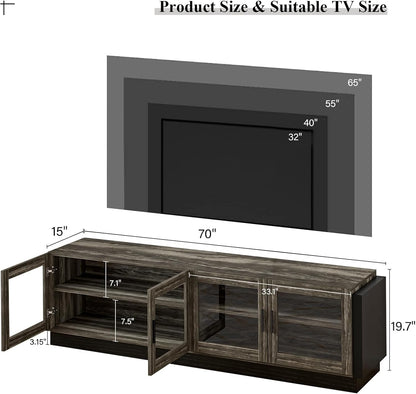 4 EVER WINNER LED TV Stand, 70 Inch Large Entertainment Center for TVs up to 70/75/80 Inch with LED TV Console with 4 Transparent Doors, TV Storage Cabinet for Living Room, Bedroom, Grey