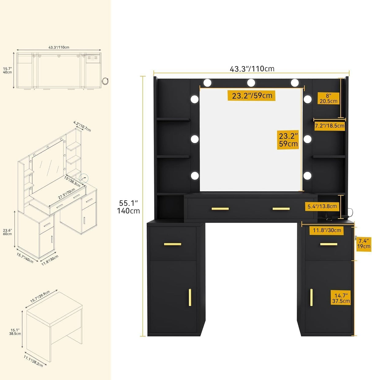 DWVO Vanity Desk with Large Mirror and LED Lights, Makeup Vanity Table Set with Power Outlets, Comfy Stool & Storage Drawers, Shelves and Cabinets, 3 Lighting Modes Makeup Table, Dressing Room, Black DWVO
