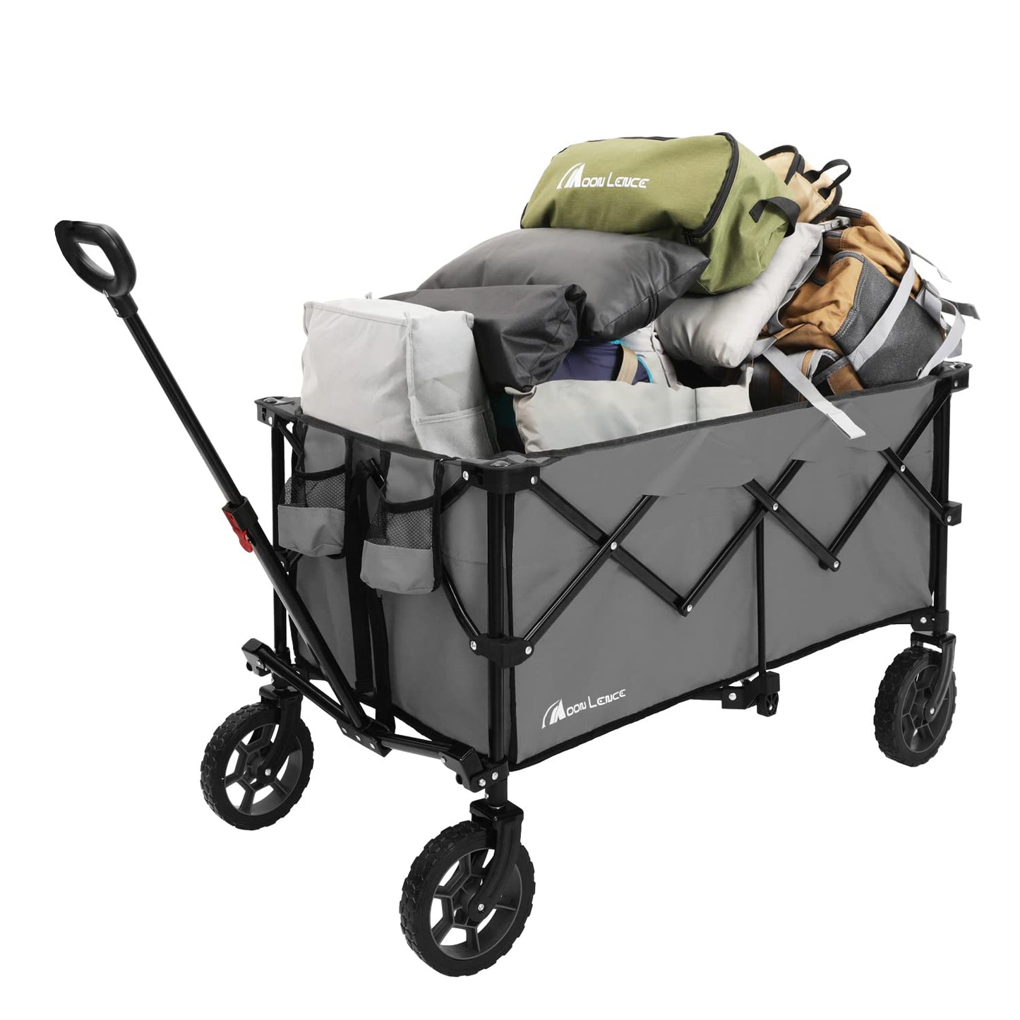 Moon Lence Collapsible Folding Wagon Cart Heavy Duty Folding Garden Portable Hand Cart with All-Terrain Beach Wheels, Adjustable Handle & Drink Holders (Grey)