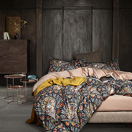 Cupocupa Queen Duvet Cover Set, Modern Industrial Luxury Bedding with Zipper Closure & Corner Ties, Soft Breathable Navy Teal Orange Floral Comforter Cover for Bedroom Guest Room Vintage Paisley Cupocupa