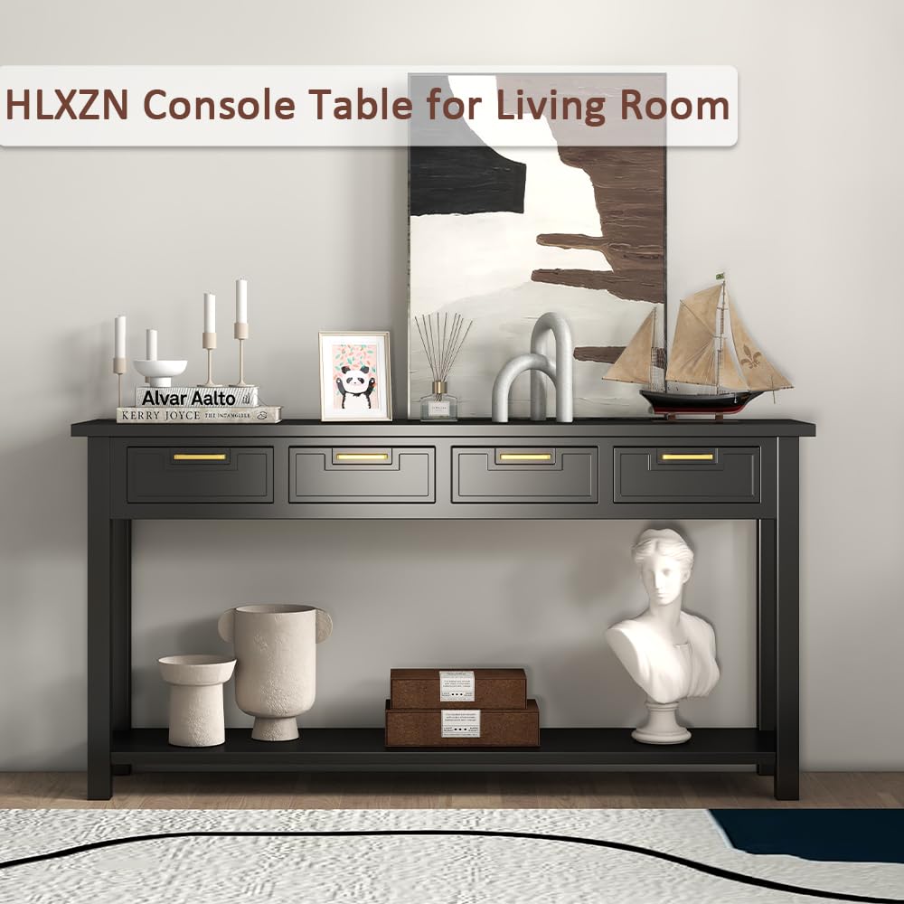 HLXZN Console Table for Entryway, 60 Inch Sofa Table w/4 Drawers and Bottom Shelf Narrow Long Hallway Table for Living Room Entryway Home, Black HLXZN