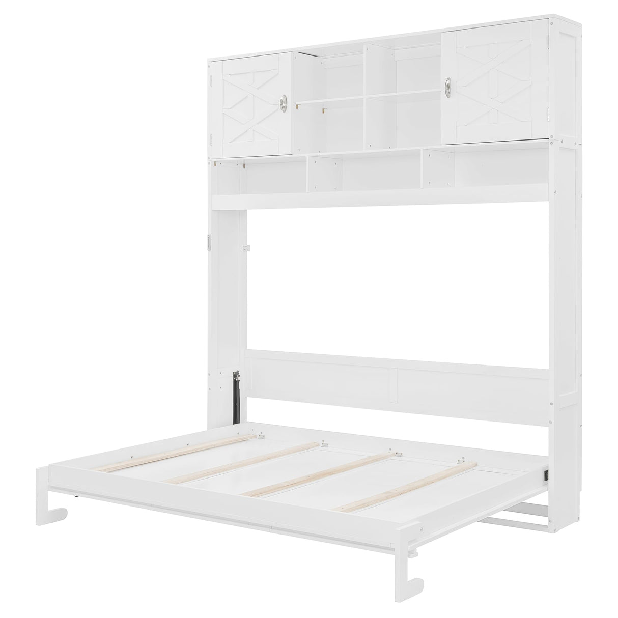 Merax Queen Size Murphy Bed Wall Bed with Top Cabinets and Shelves, Space-Saving Design Foldable Platform Bed Frame, Multifunctional Bed for Bedroom, Guest Room, Home Office, White (Diamond Stripes) Merax