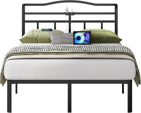 UOMEUR Metal Bed Frame with Headboard and USB & Type C Charging Station, Heavy Duty Metal Bed Frame No Box Spring Needed with Ample Storage Space - Easy Assembly and Noise Free (Black, Queen) UOMEUR
