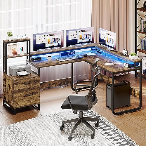 YITAHOME L Shaped Desk with Power Outlets & LED Lights, Reversible Computer Desk with Drawers & Hutch, Corner Desk Office Desk with Monitor Stand,