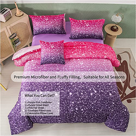 RYNGHIPY 6Pcs Twin Gradient Pink Purple Glitter Comforter Sets for Teens Girls Kids, Colorful Rainbow Glitter Themed Bedding Set RYNGHIPY