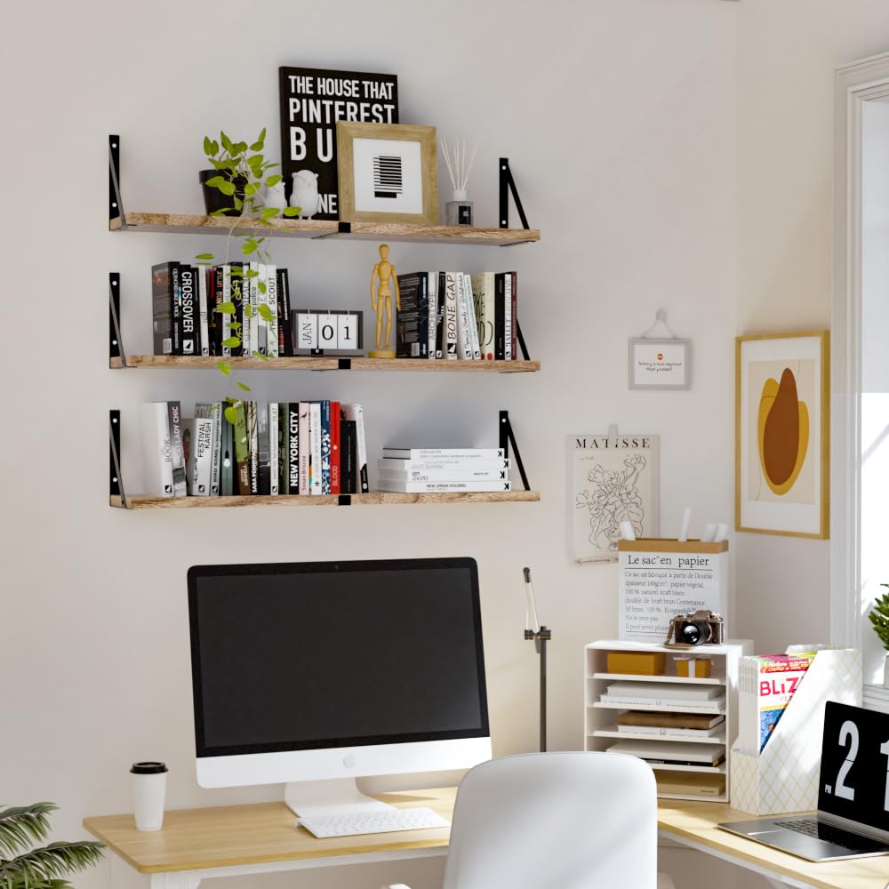 Floating Book Shelves Set of 3, Wall Bookshelf, 33 inch Long Wood Shelf for Wall Storage, Hanging Shelving for Bedroom, Bathroom, Living Room, Kitchen, Office and Plants (Carbonized Black) Senyh