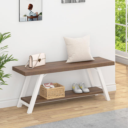 LVB Rustic Entryway Bench, Farmhouse Wood Indoor Shoe Bench with Storage in Bedroom End of Bed, Industrial Metal Foyer Shoe Rack Bench Seating for Hallway Living Dining Room, White Rustic Oak - WoodArtSupply