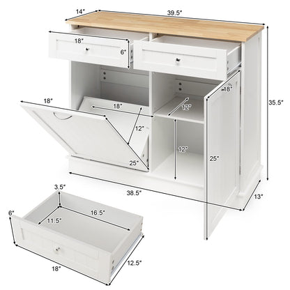 Giantex Kitchen Trash Cabinet, Kitchen Island with Tilt Out Garbage Bin, Rubber Wood Countertop, Large Cabinet, 2 Drawers, Adjustable Shelf, Recycling Can Holder Organizer (White) - WoodArtSupply