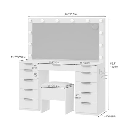 YITAHOME Vanity Desk Set with Mirror, 3-Mode Lights, Charging Station, 11 Drawers and Bench