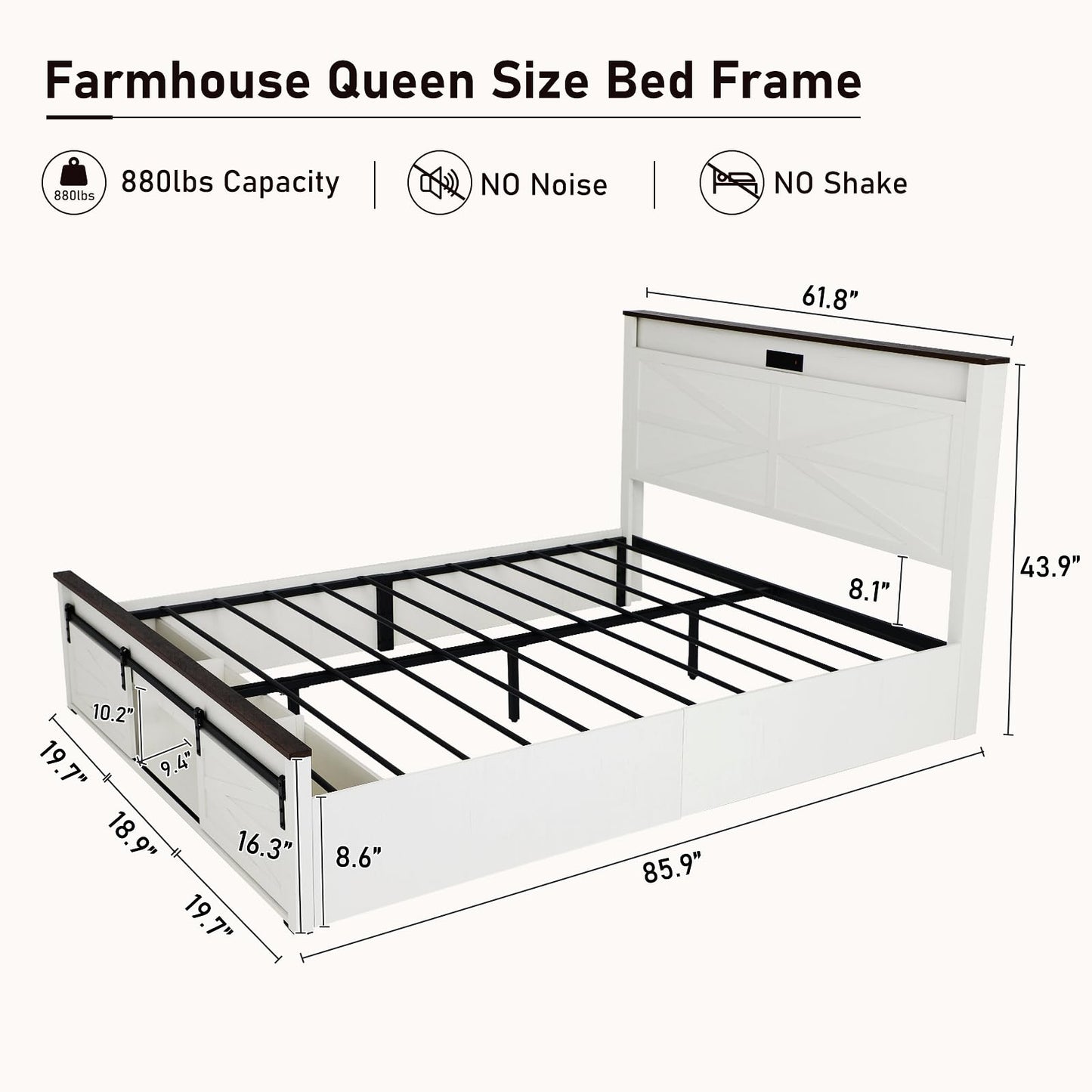 Hlivelood Farmhouse LED Queen Size Bed Frame with Sliding Barn Door Storage Cabinet, Headboard & LED Lights, Wood Platform Storage Bed w/Charging Station, No Box Spring Needed, Antique White