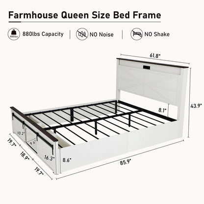 Hlivelood Farmhouse LED Queen Size Bed Frame with Sliding Barn Door Storage Cabinet, Headboard & LED Lights, Wood Platform Storage Bed w/Charging Station, No Box Spring Needed, Antique White