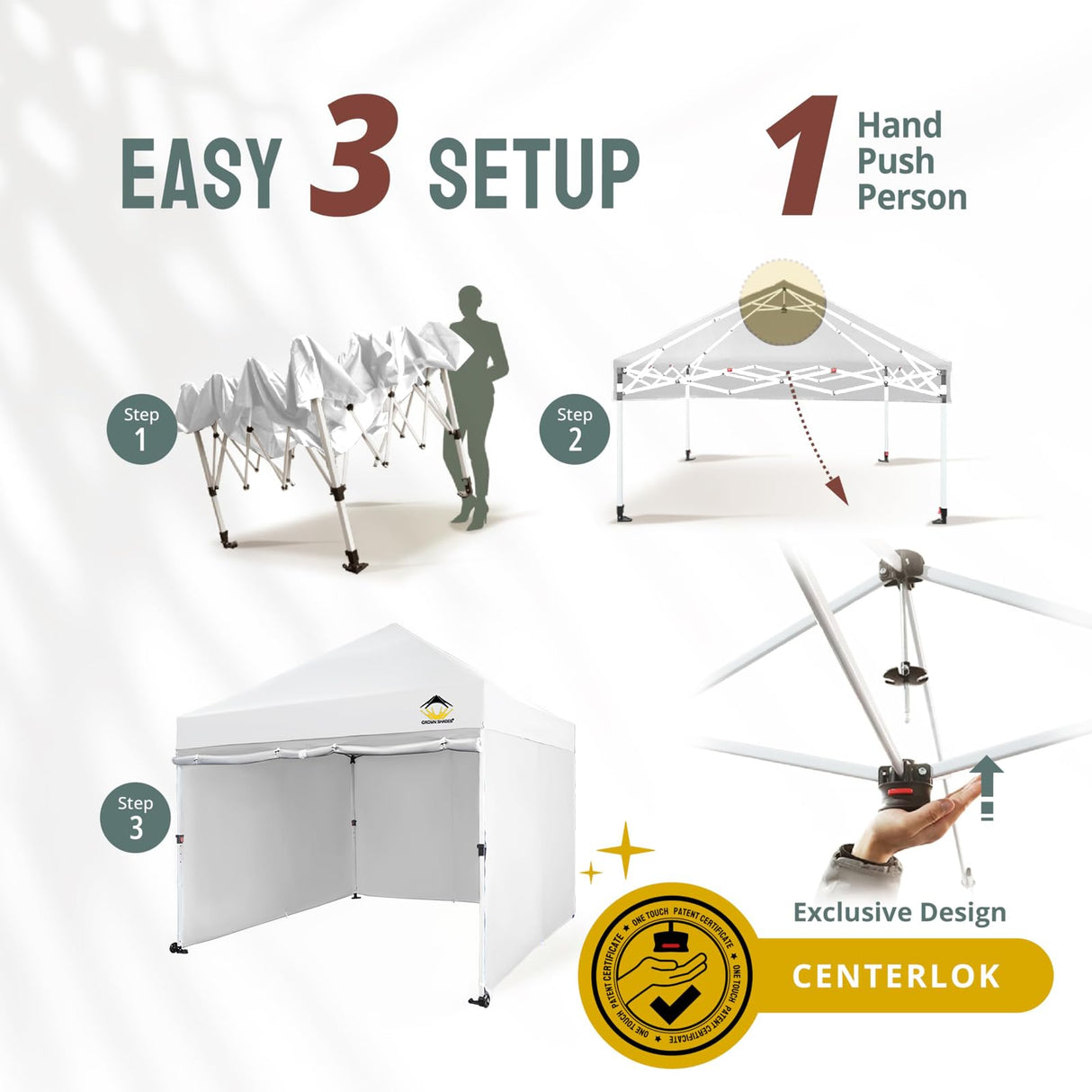 CROWN SHADES 10x10 Pop Up Canopy Tent Instant Commercial 1-Person Setup Patended Centerlock with 400D Silver Coated Fabric, 4 Sidewalls, 4" Wheels, 4 Upgraded Weights, Sto'N Go Bag, White CROWN SHADES