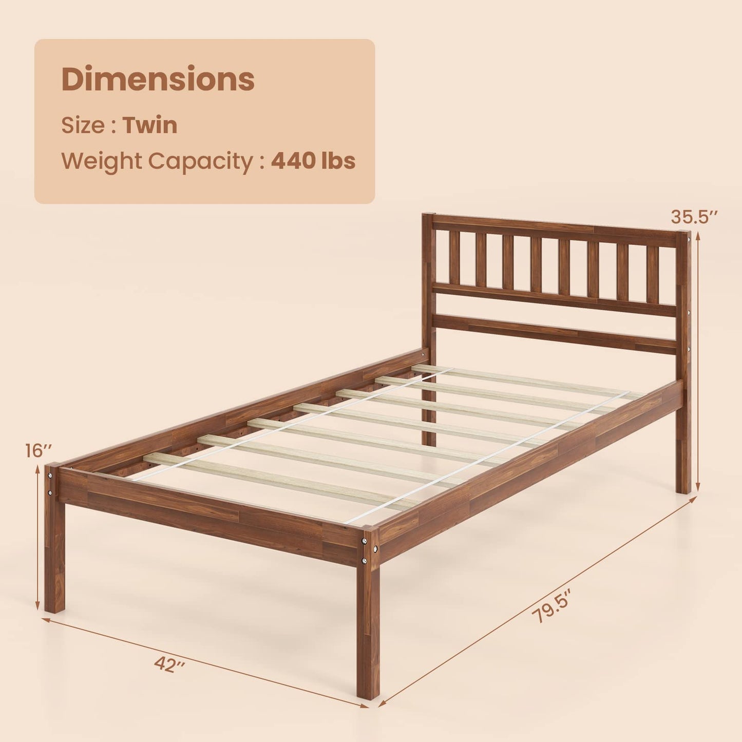 Giantex Wood Twin Bed Frame with Headboard, Mid Century Platform Bed with Wood Slat Support, Solid Wood Foundation, 12 Inch Height for Under Bed Storage, Easy Assemble, Walnut - WoodArtSupply