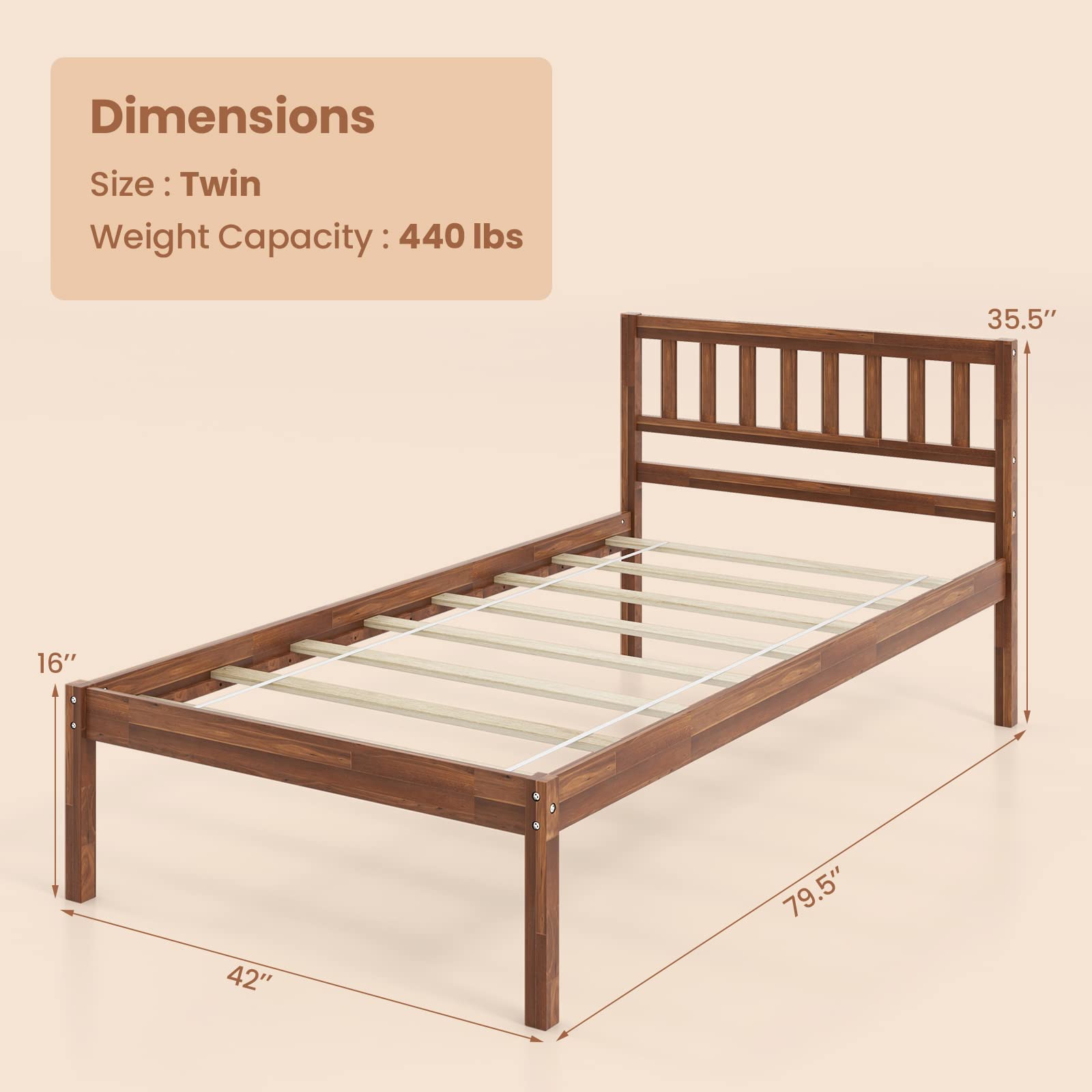 Giantex Wood Twin Bed Frame with Headboard, Mid Century Platform Bed with Wood Slat Support, Solid Wood Foundation, 12 Inch Height for Under Bed Storage, Easy Assemble, Walnut - WoodArtSupply