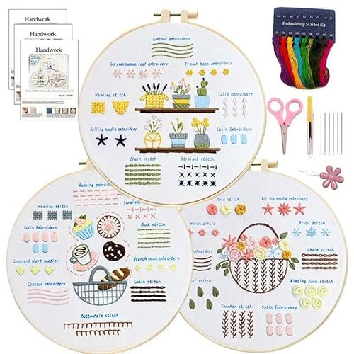 QIZUOLIFE 3 Pack Embroidery Kit for Adults Beginners, Pre‑Stamped Potted Plant Flower Basket Needlepoint Set, DIY Needlework Supplies with Step‑by‑Step Video Tutorials, Handmade Craft Gift Home Decor
