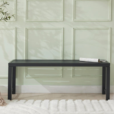 Hanamako Outdoor Metal Backless Bench Weatherproof Patio Bench with Slatted Seat, All-Weather Garden Bench for Porch, Patio, Lawn and Backyard, Black