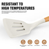 Silicone Cooking Utensils Set - Silicone Kitchen Utensils for Cooking Wooden Handles, 446°F Heat Resistant Kitchen Utensil Spatula Sets w Holder, Gadgets for Non-Stick Cookware BPA FREE (Cream White) AVGPD