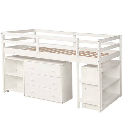 Harper & Bright Designs Twin Loft Bed with Desk, Low Study Loft Bed Frame with Storage Cabinet and Rolling Portable Desk for Kids and Teenagers, Twin Size, White