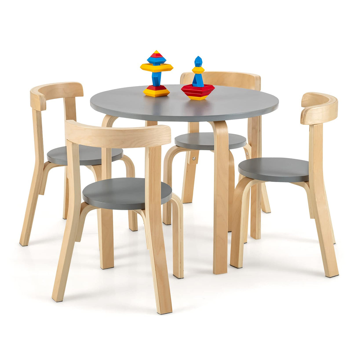 Costzon Kids Table and Chair Set, 5-Piece Wooden Activity Table w/ 4 Chairs, Toy Bricks, Classroom Playroom Daycare Furniture for Playing, Drawing, Reading, Bentwood Toddler Table & Chairs (Grey) Costzon