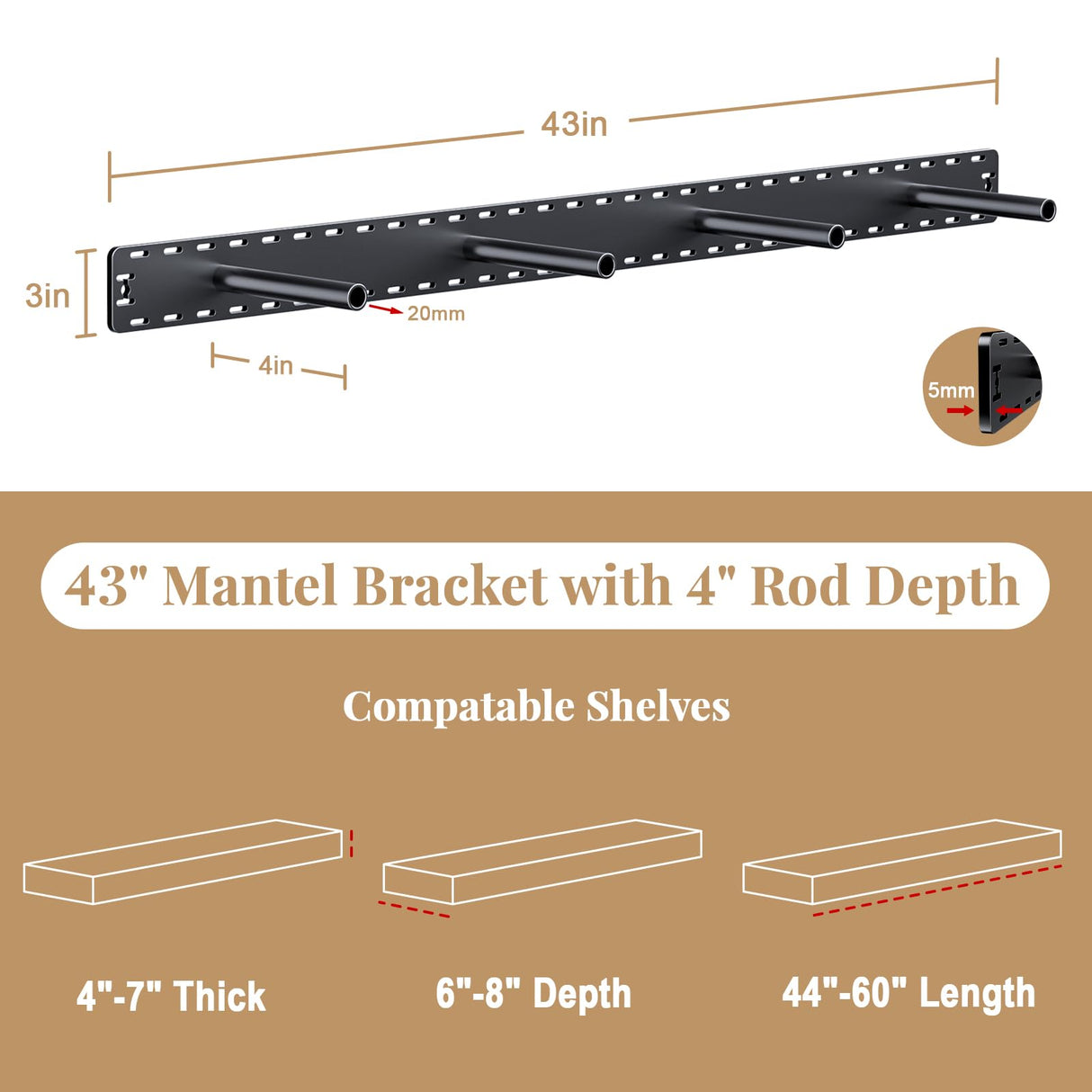 1 Pack Large Shelf Brackets Long Floating Shelf Bracket Invisible Floating Shelf Hardware Heavy Duty Floating Mantel Brackets(43"X4"X3") Craftersmark