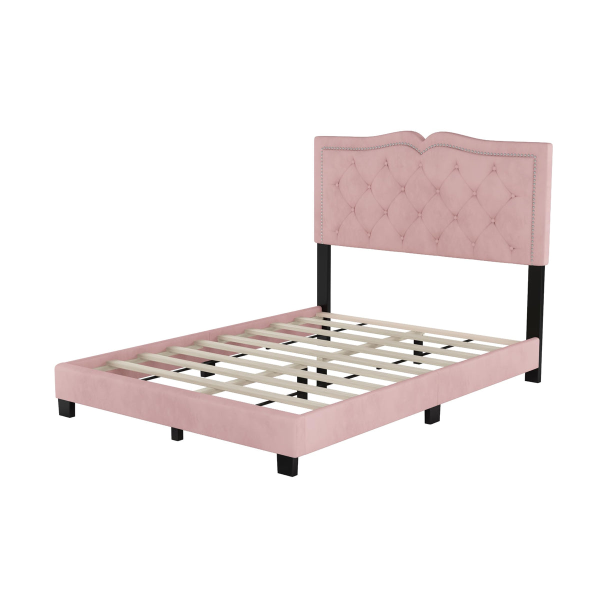 Merax Upholstered Platform Bed, Full Size Velvet Fabric Wooden Bed Frame with Rivet Design & Tufted Headboard for Bedroom, Wood Slat Support, No Box Spring Needed, Easy Assembly (Pink) Merax